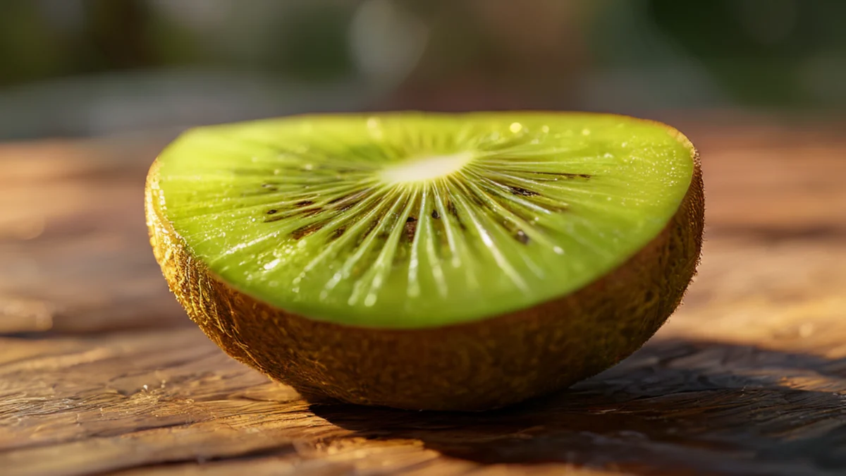 Fruit de kiwi en forma de wedge, color verde vibrante, textura natural, fresco y maduro