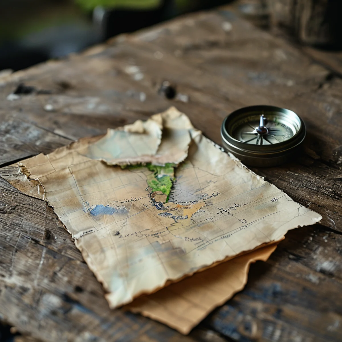 Folded paper tourist map and compass visible.