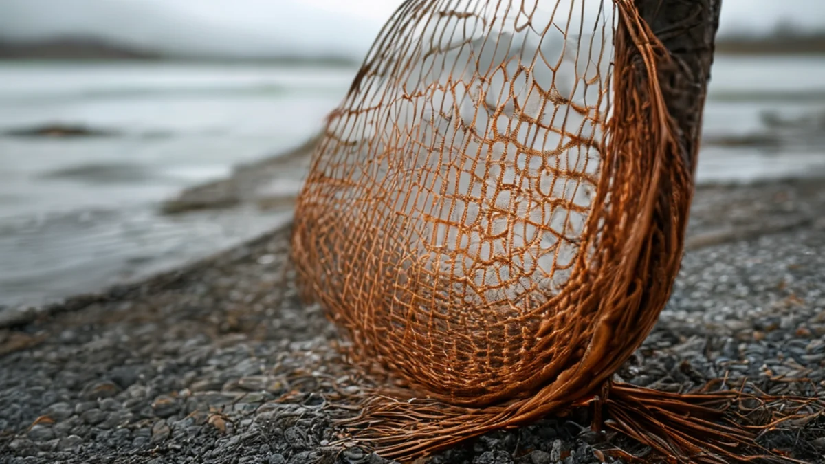A fishing net with multiple lines and a mesh structure, used for catching fish.