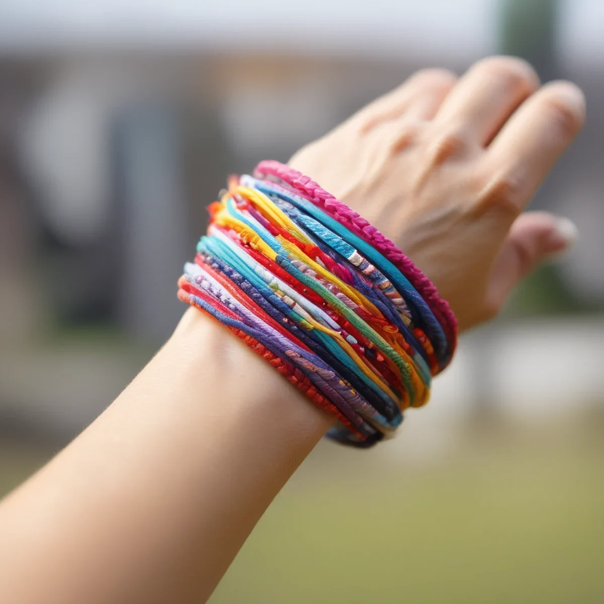 A colorful fabric music festival wristband tied around a person's wrist