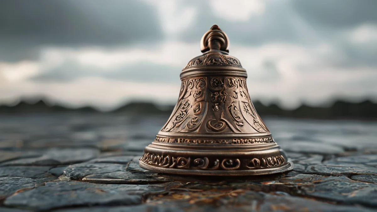 Una campana in rame con motivi complessi, parte di un artefatto storico.