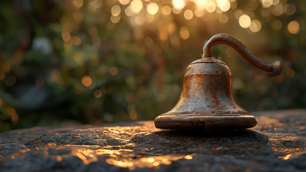 A bell hanging from a tree branch in a dense jungle environment.