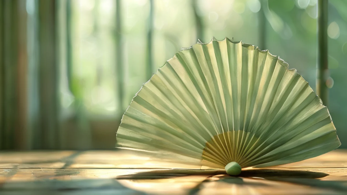 Fan in bambù naturale, con un design tradizionale e un motivo dettagliato.