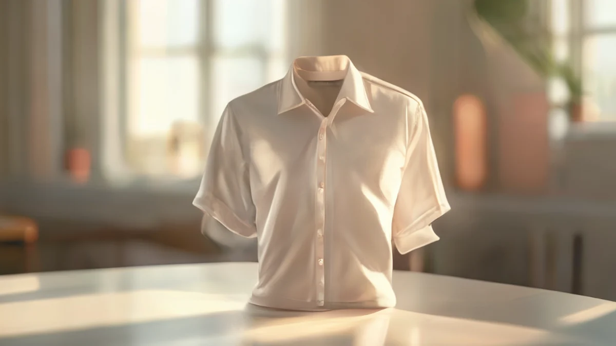a cotton shirt, soft with a collar, on a white table, warm side light, shallow depth of field, photorealistic, sharp focus, high detail