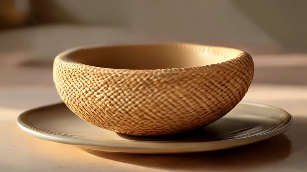Cazuela tejida, beige, superficie fibrosa, sobre una placa cerámica, luz cálida, profundidad de campo suave, detalles fotorealistas