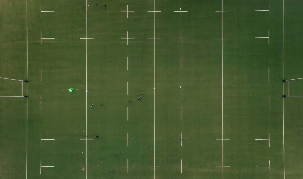 Drone shot of a rugby field in Agen, Nouvelle-Aquitaine, France.